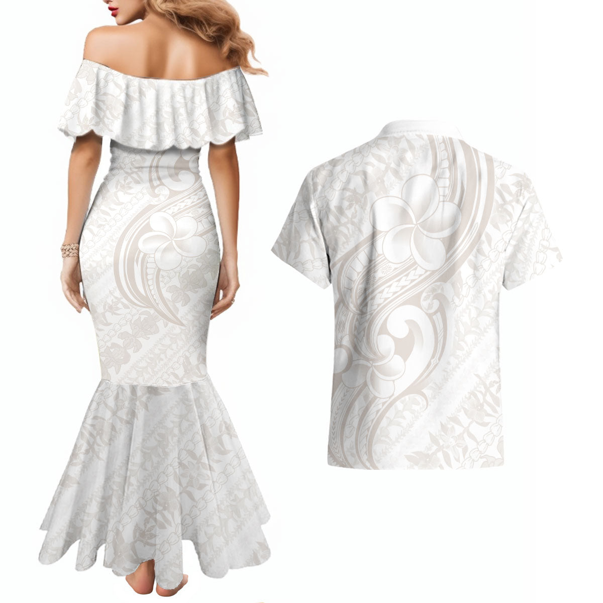 Hawaii Plumeria Lokelani Pikake Lei Couples Matching Mermaid Dress and Hawaiian Shirt Sandy Beige Polynesian Tattoo