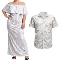 Hawaii Plumeria Lokelani Pikake Lei Couples Matching Off Shoulder Maxi Dress and Hawaiian Shirt Sandy Beige Polynesian Tattoo LT9 Beige - Polynesian Pride