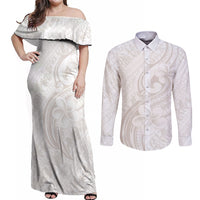 Hawaii Plumeria Lokelani Pikake Lei Couples Matching Off Shoulder Maxi Dress and Long Sleeve Button Shirt Sandy Beige Polynesian Tattoo