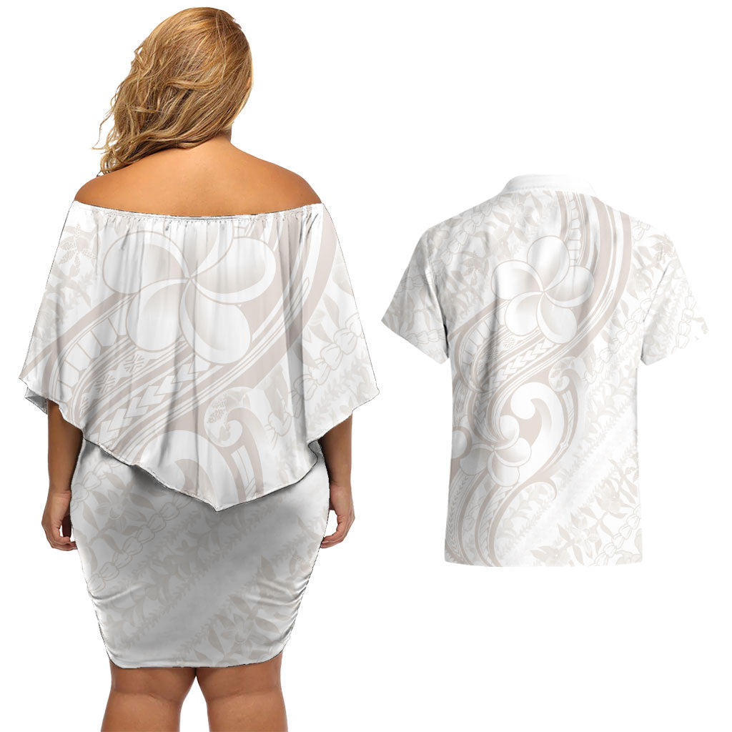 Hawaii Plumeria Lokelani Pikake Lei Couples Matching Off Shoulder Short Dress and Hawaiian Shirt Sandy Beige Polynesian Tattoo