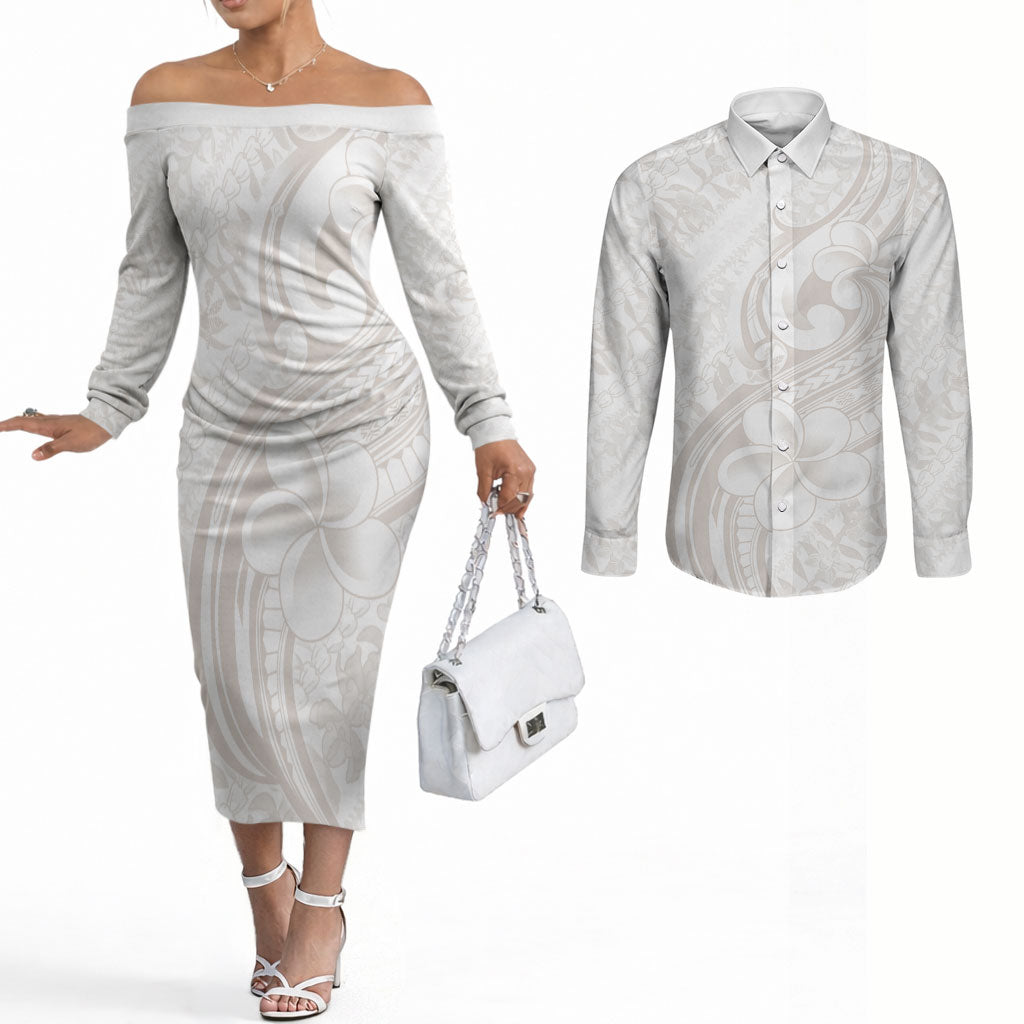 Hawaii Plumeria Lokelani Pikake Lei Couples Matching Off The Shoulder Long Sleeve Dress and Long Sleeve Button Shirt Sandy Beige Polynesian Tattoo LT9 Beige - Polynesian Pride