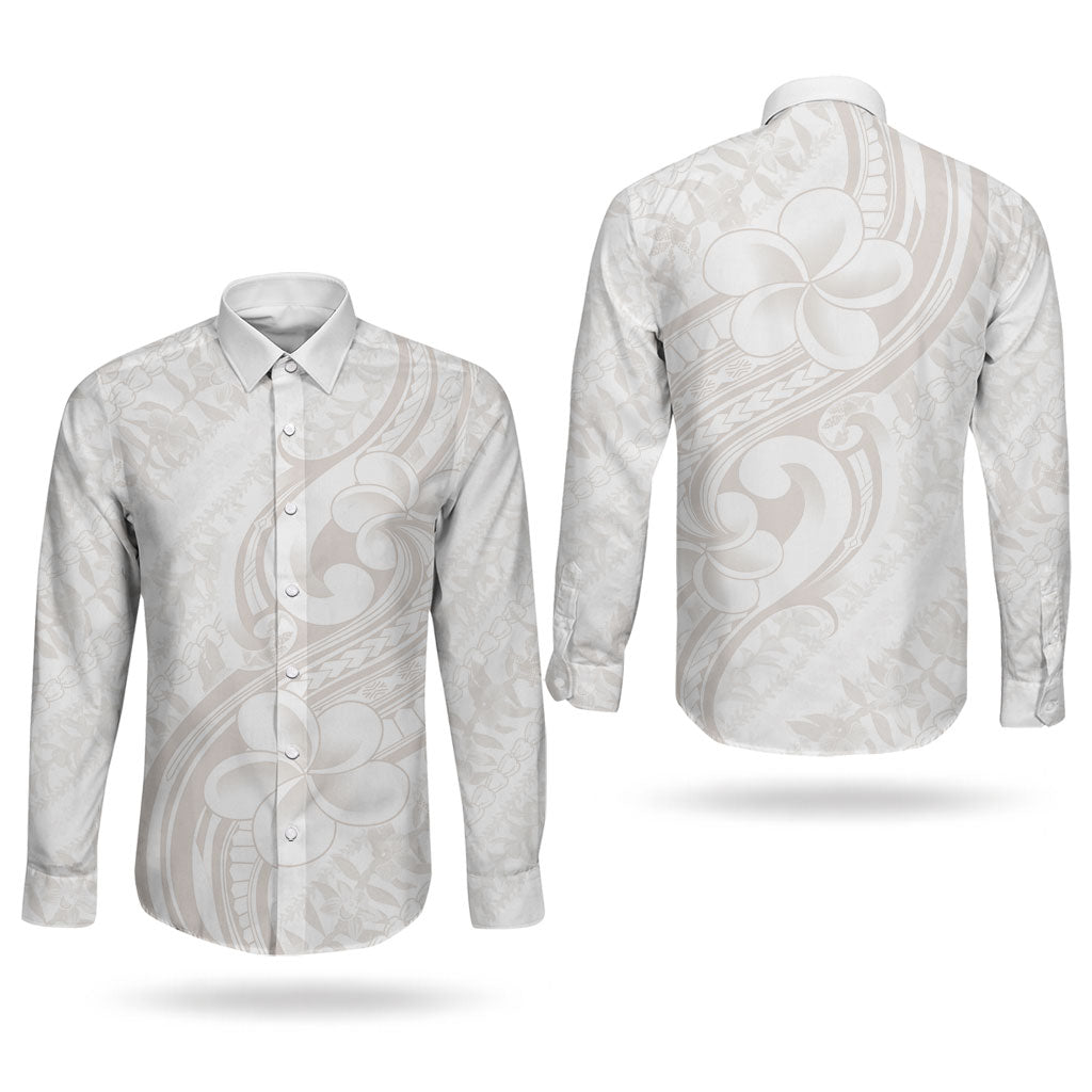 Hawaii Plumeria Lokelani Pikake Lei Couples Matching Off The Shoulder Long Sleeve Dress and Long Sleeve Button Shirt Sandy Beige Polynesian Tattoo LT9 - Polynesian Pride