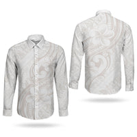 Hawaii Plumeria Lokelani Pikake Lei Couples Matching Off The Shoulder Long Sleeve Dress and Long Sleeve Button Shirt Sandy Beige Polynesian Tattoo LT9 - Polynesian Pride