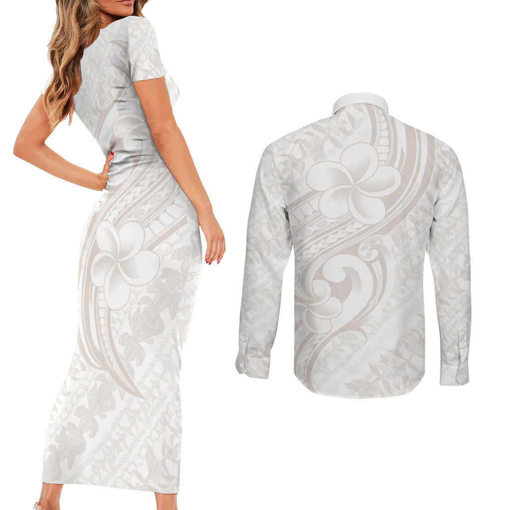 Hawaii Plumeria Lokelani Pikake Lei Couples Matching Short Sleeve Bodycon Dress and Long Sleeve Button Shirt Sandy Beige Polynesian Tattoo
