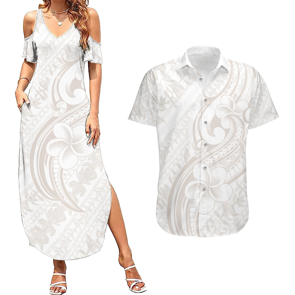 Hawaii Plumeria Lokelani Pikake Lei Couples Matching Summer Maxi Dress and Hawaiian Shirt Sandy Beige Polynesian Tattoo