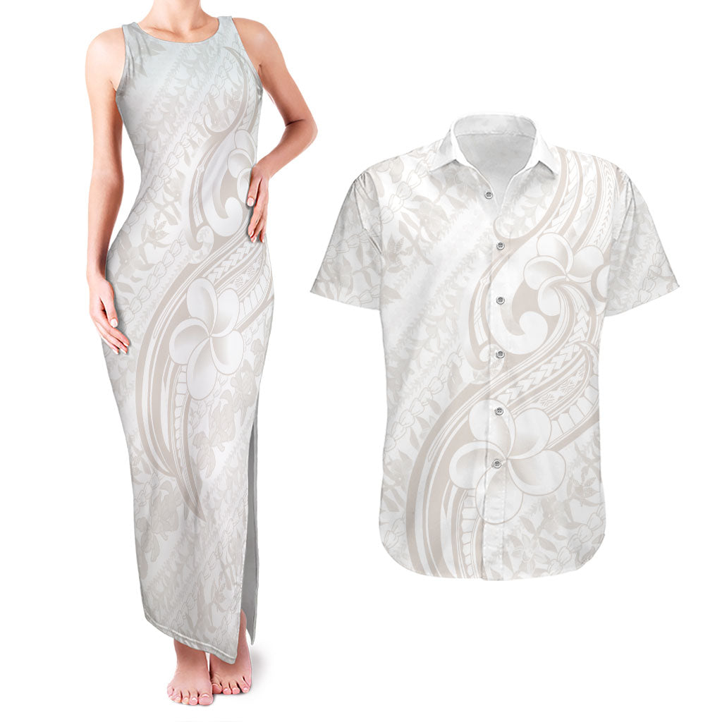 Hawaii Plumeria Lokelani Pikake Lei Couples Matching Tank Maxi Dress and Hawaiian Shirt Sandy Beige Polynesian Tattoo