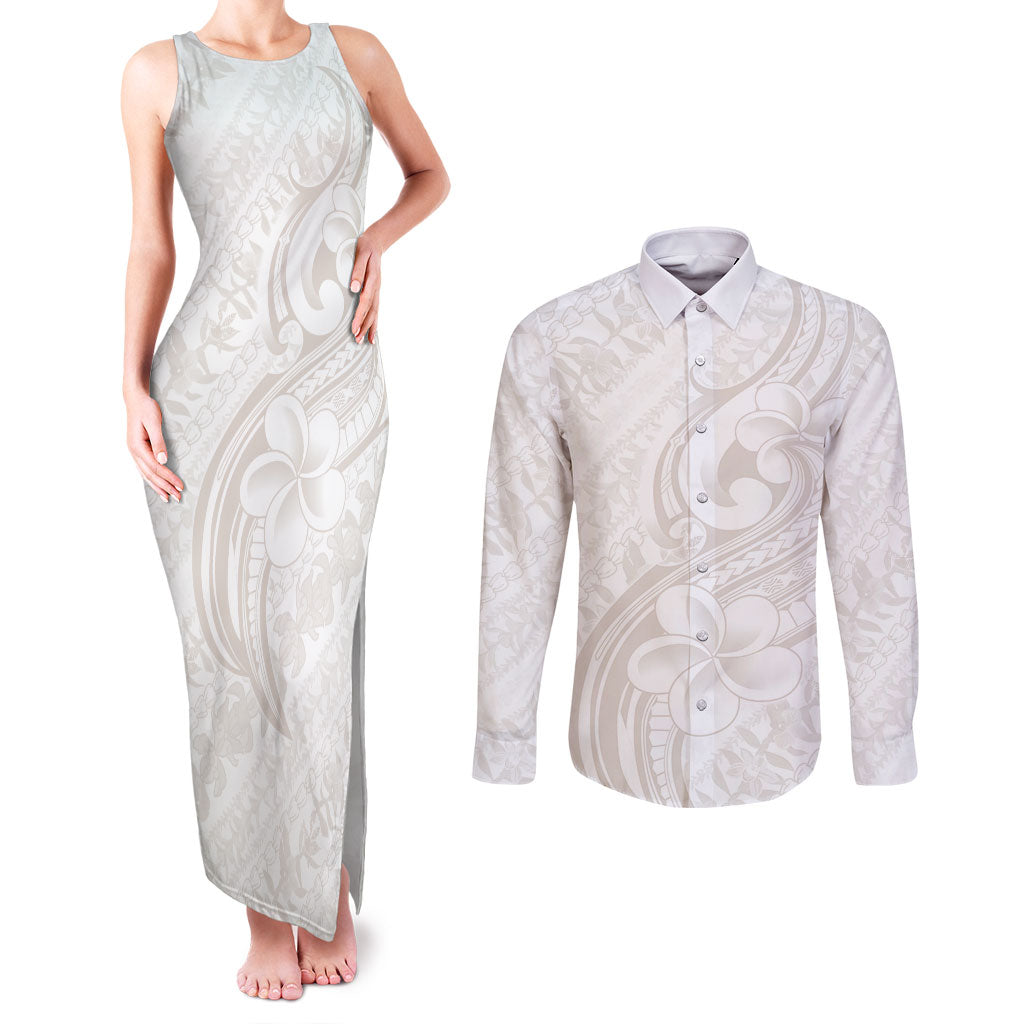 Hawaii Plumeria Lokelani Pikake Lei Couples Matching Tank Maxi Dress and Long Sleeve Button Shirt Sandy Beige Polynesian Tattoo