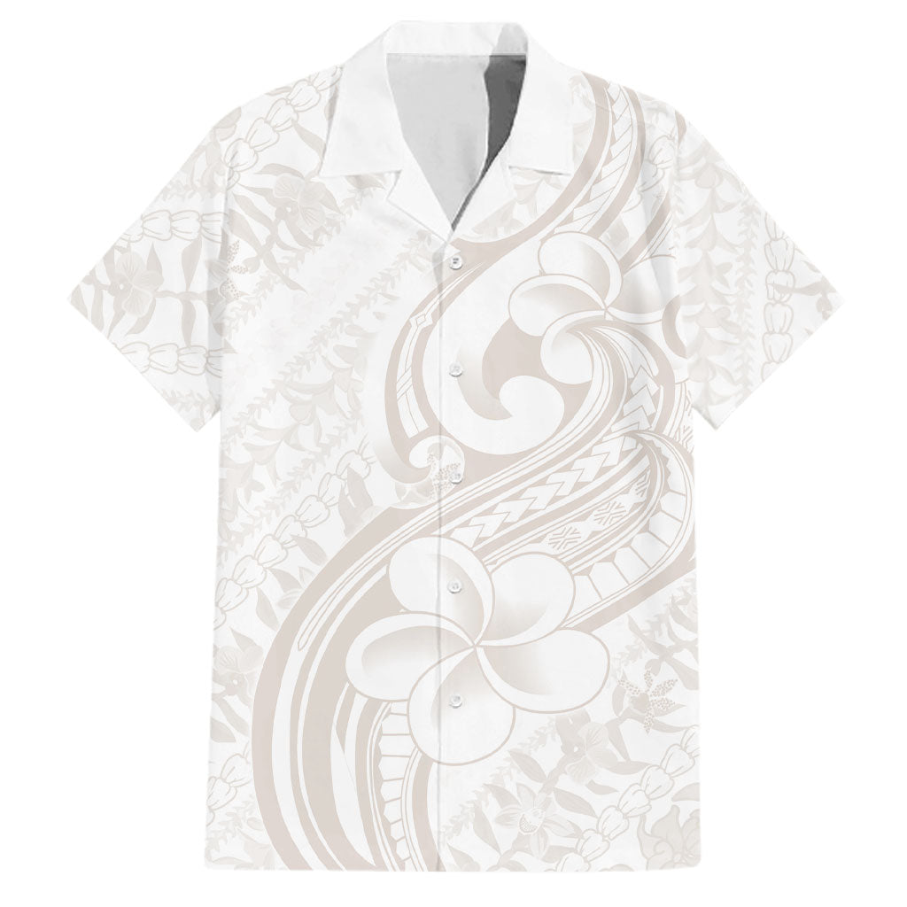 Hawaii Plumeria Lokelani Pikake Lei Family Matching Long Sleeve Bodycon Dress and Hawaiian Shirt Sandy Beige Polynesian Tattoo