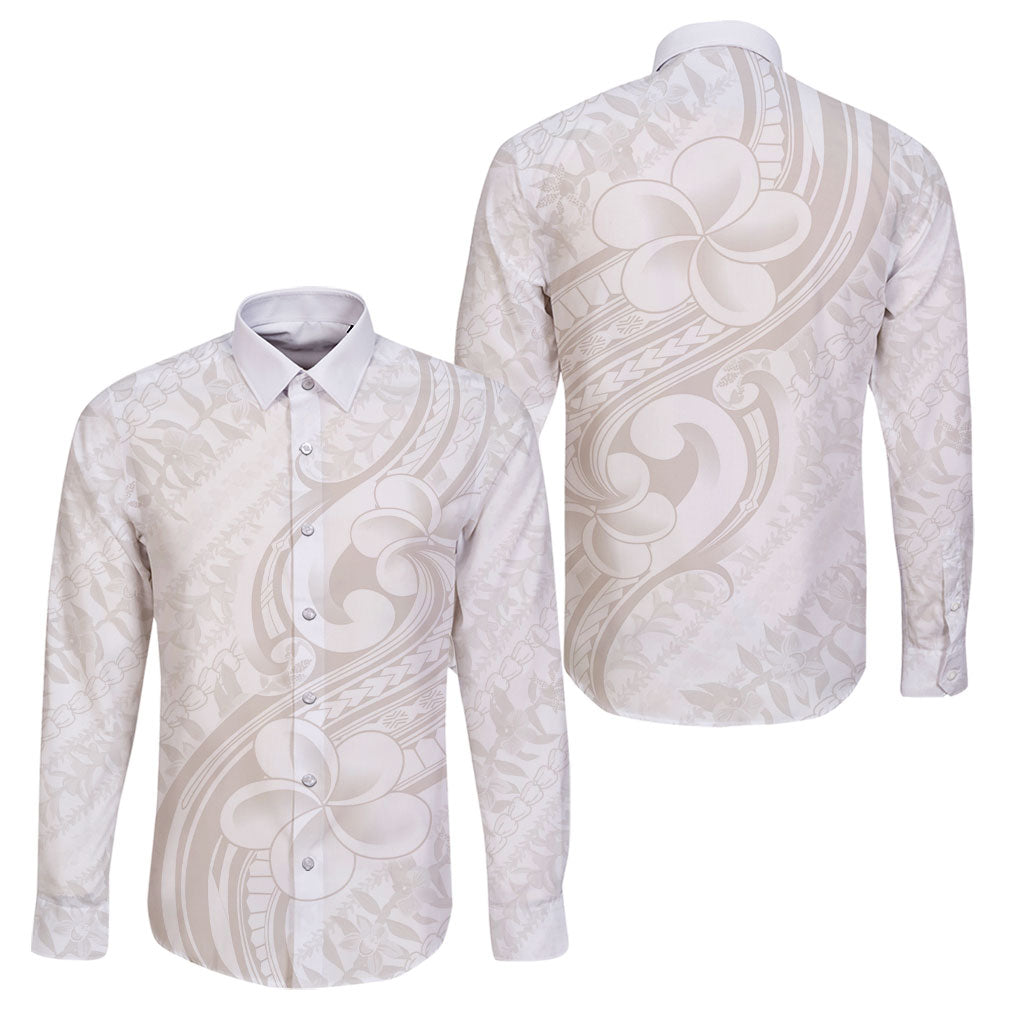Hawaii Plumeria Lokelani Pikake Lei Family Matching Mermaid Dress and Hawaiian Shirt Sandy Beige Polynesian Tattoo LT9 Dad's Shirt - Long Sleeve Beige - Polynesian Pride