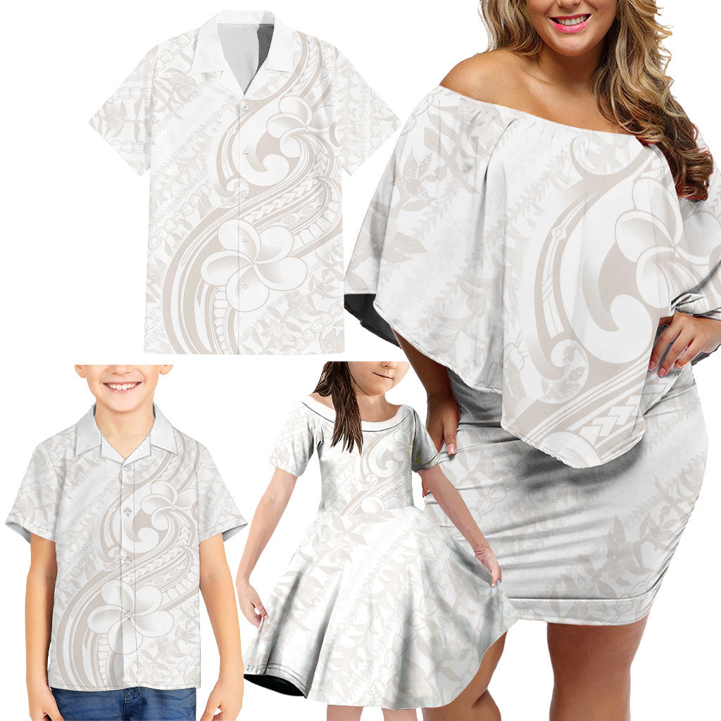 Hawaii Plumeria Lokelani Pikake Lei Family Matching Off Shoulder Short Dress and Hawaiian Shirt Sandy Beige Polynesian Tattoo