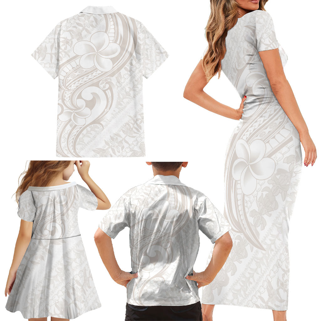 Hawaii Plumeria Lokelani Pikake Lei Family Matching Short Sleeve Bodycon Dress and Hawaiian Shirt Sandy Beige Polynesian Tattoo