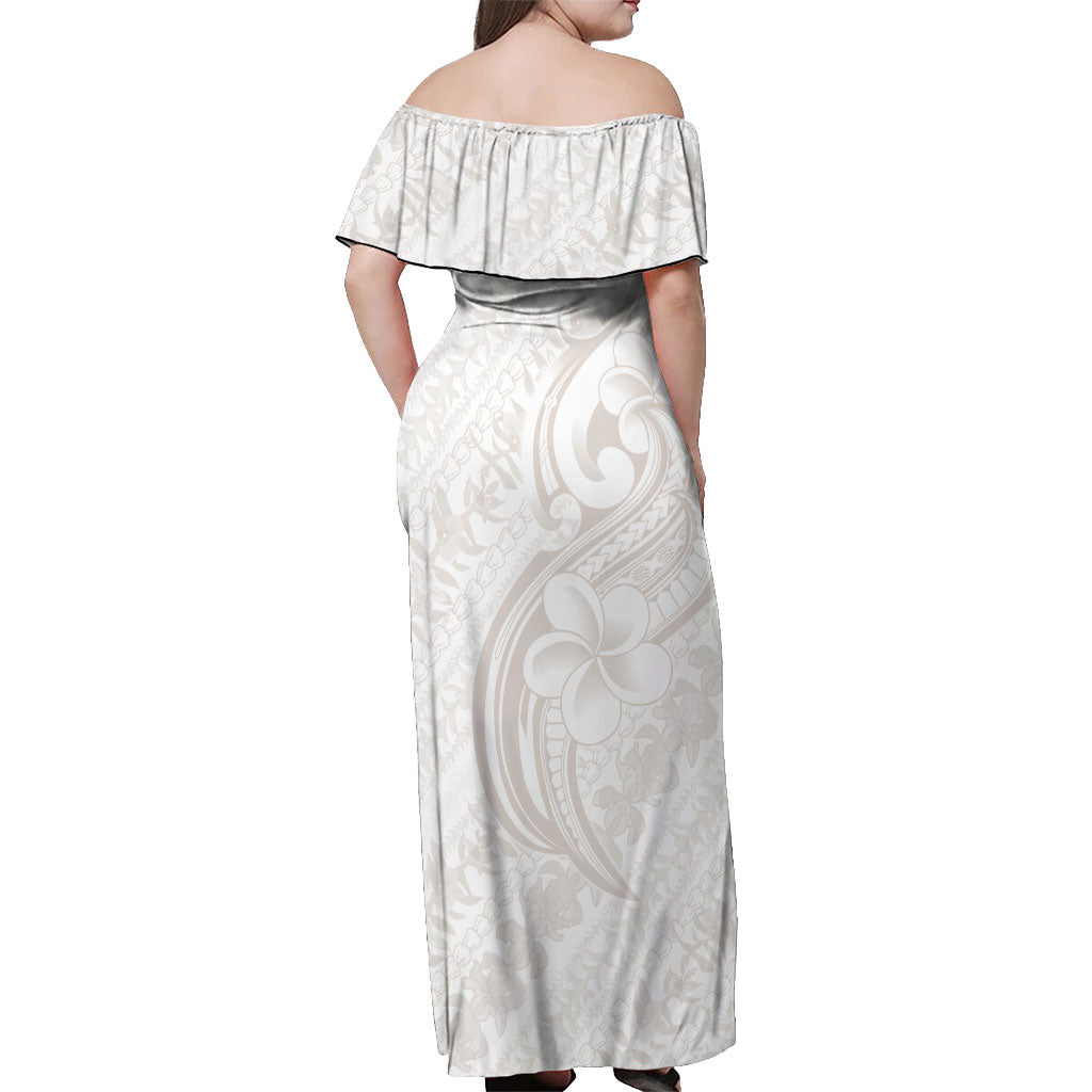 Hawaii Plumeria Lokelani Pikake Lei Off Shoulder Maxi Dress Sandy Beige Polynesian Tattoo