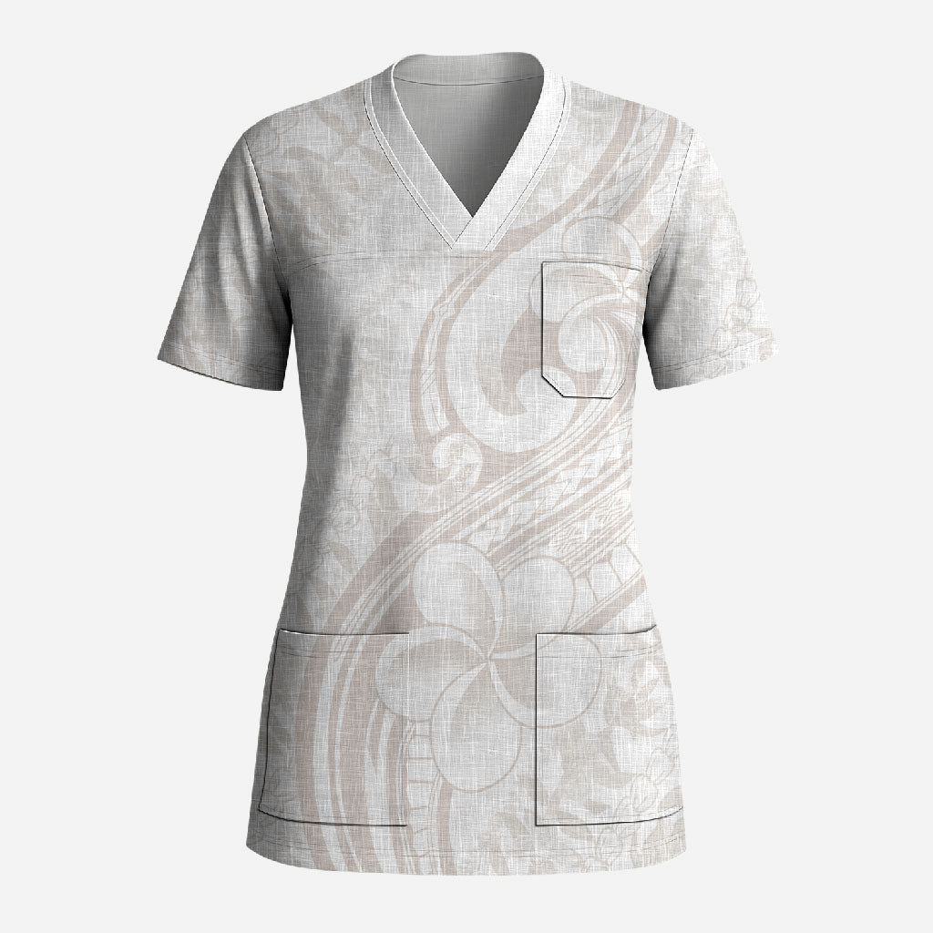 Hawaii Plumeria Lokelani Pikake Lei Scrub Top Sandy Beige Polynesian Tattoo