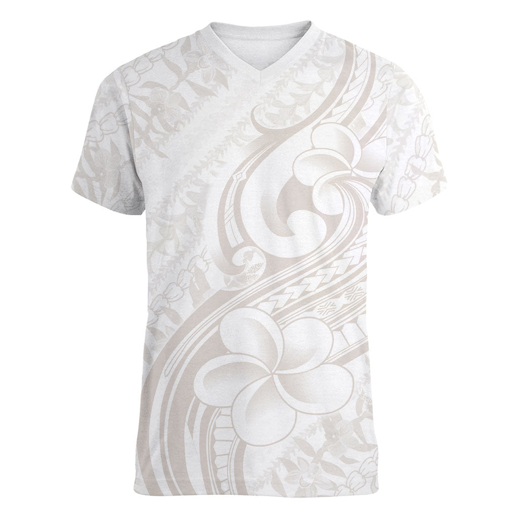Hawaii Plumeria Lokelani Pikake Lei Women V-Neck T-Shirt Sandy Beige Polynesian Tattoo
