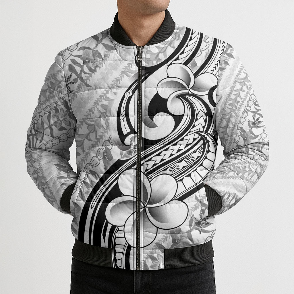 Hawaii Plumeria Lokelani Pikake Lei Bomber Puffer Jacket Ele'ele Polynesian Tattoo