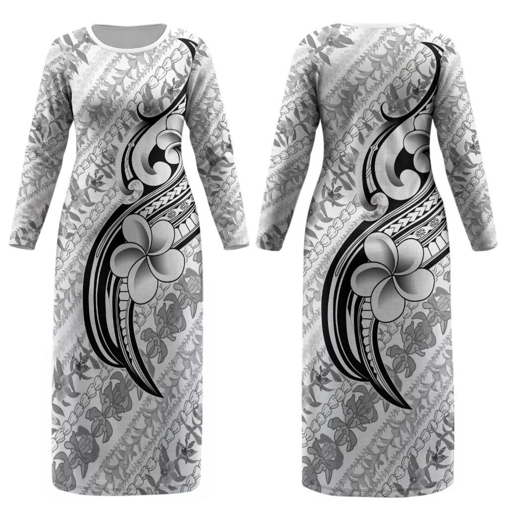 Hawaii Plumeria Lokelani Pikake Lei Couples Matching Long Sleeve Bodycon Dress and Hawaiian Shirt Ele'ele Polynesian Tattoo LT9 - Polynesian Pride