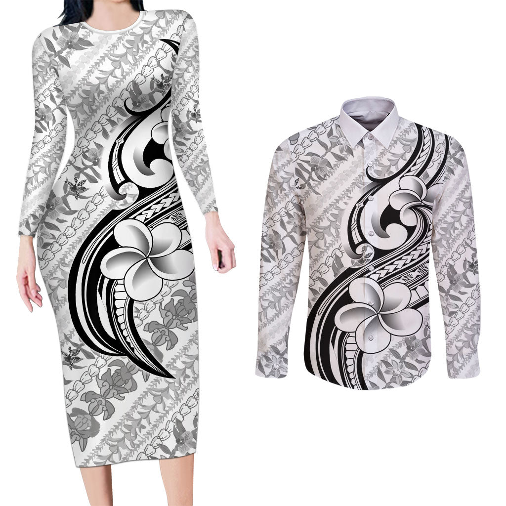 Hawaii Plumeria Lokelani Pikake Lei Couples Matching Long Sleeve Bodycon Dress and Long Sleeve Button Shirt Ele'ele Polynesian Tattoo