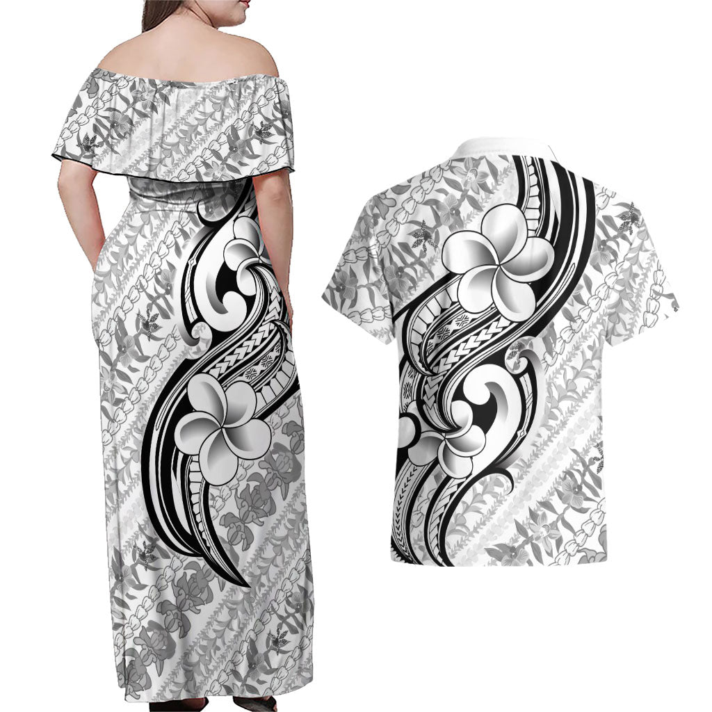 Hawaii Plumeria Lokelani Pikake Lei Couples Matching Off Shoulder Maxi Dress and Hawaiian Shirt Ele'ele Polynesian Tattoo