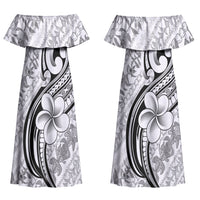 Hawaii Plumeria Lokelani Pikake Lei Couples Matching Off Shoulder Maxi Dress and Long Sleeve Button Shirt Ele'ele Polynesian Tattoo LT9 - Polynesian Pride