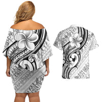Hawaii Plumeria Lokelani Pikake Lei Couples Matching Off Shoulder Short Dress and Hawaiian Shirt Ele'ele Polynesian Tattoo
