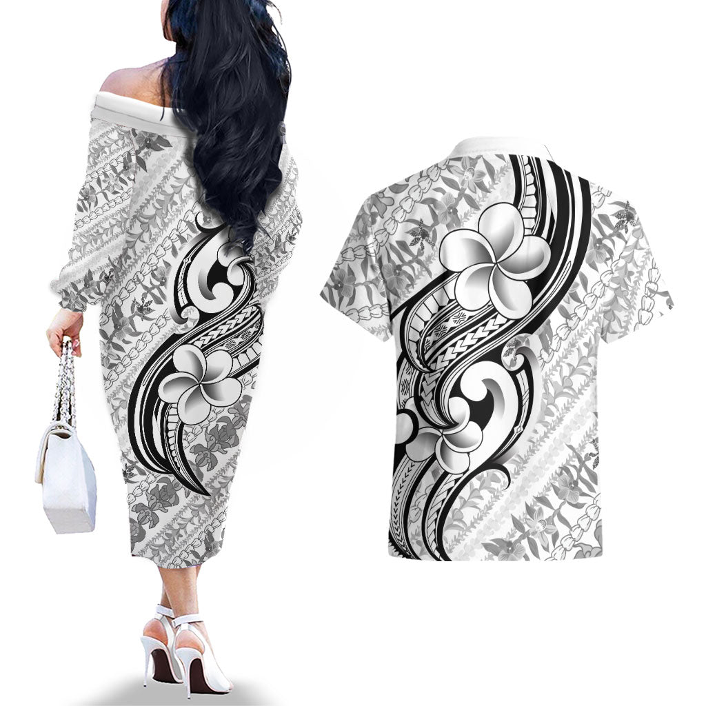 Hawaii Plumeria Lokelani Pikake Lei Couples Matching Off The Shoulder Long Sleeve Dress and Hawaiian Shirt Ele'ele Polynesian Tattoo