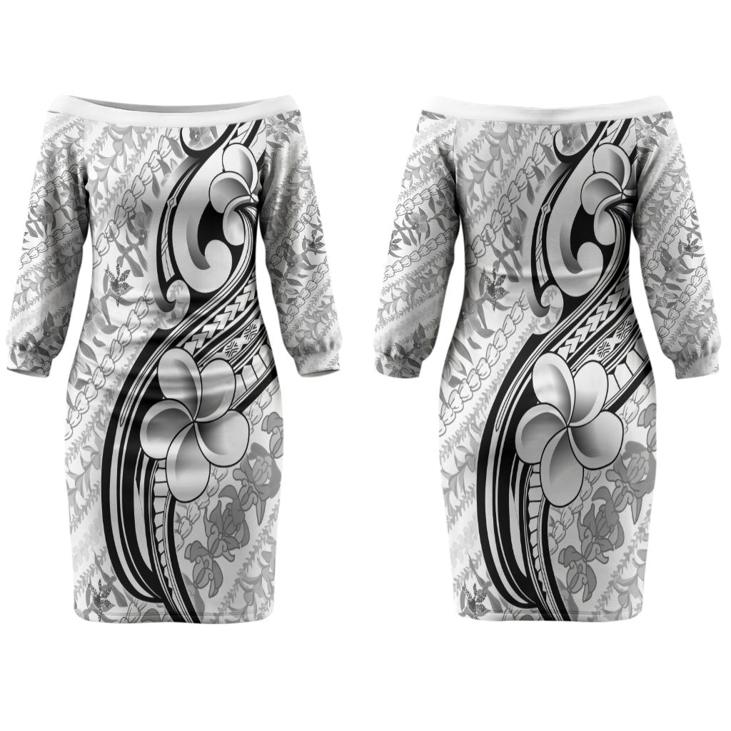 Hawaii Plumeria Lokelani Pikake Lei Couples Matching Off The Shoulder Long Sleeve Dress and Hawaiian Shirt Ele'ele Polynesian Tattoo LT9 - Polynesian Pride