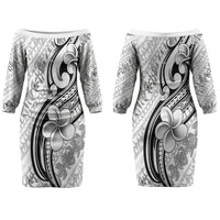 Hawaii Plumeria Lokelani Pikake Lei Couples Matching Off The Shoulder Long Sleeve Dress and Hawaiian Shirt Ele'ele Polynesian Tattoo LT9 - Polynesian Pride