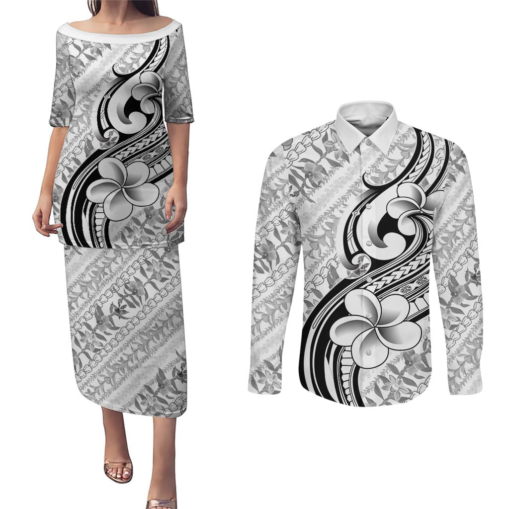 Hawaii Plumeria Lokelani Pikake Lei Couples Matching Puletasi and Long Sleeve Button Shirt Ele'ele Polynesian Tattoo