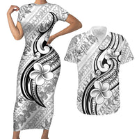 Hawaii Plumeria Lokelani Pikake Lei Couples Matching Short Sleeve Bodycon Dress and Hawaiian Shirt Ele'ele Polynesian Tattoo