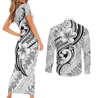 Hawaii Plumeria Lokelani Pikake Lei Couples Matching Short Sleeve Bodycon Dress and Long Sleeve Button Shirt Ele'ele Polynesian Tattoo