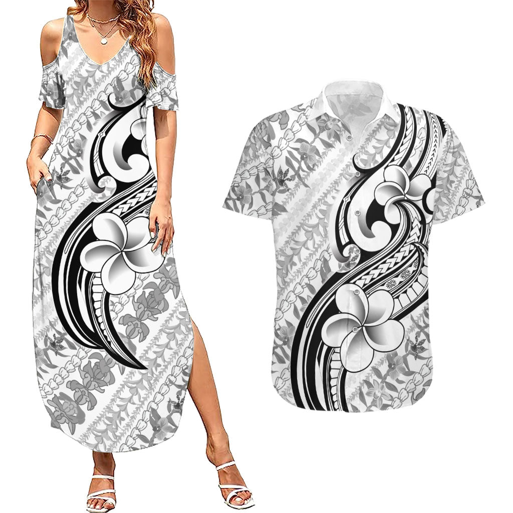 Hawaii Plumeria Lokelani Pikake Lei Couples Matching Summer Maxi Dress and Hawaiian Shirt Ele'ele Polynesian Tattoo