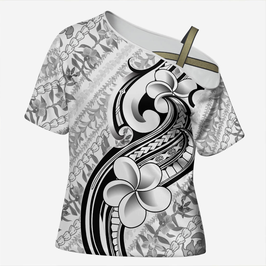 Hawaii Plumeria Lokelani Pikake Lei Cross Shoulder Shirt Ele'ele Polynesian Tattoo