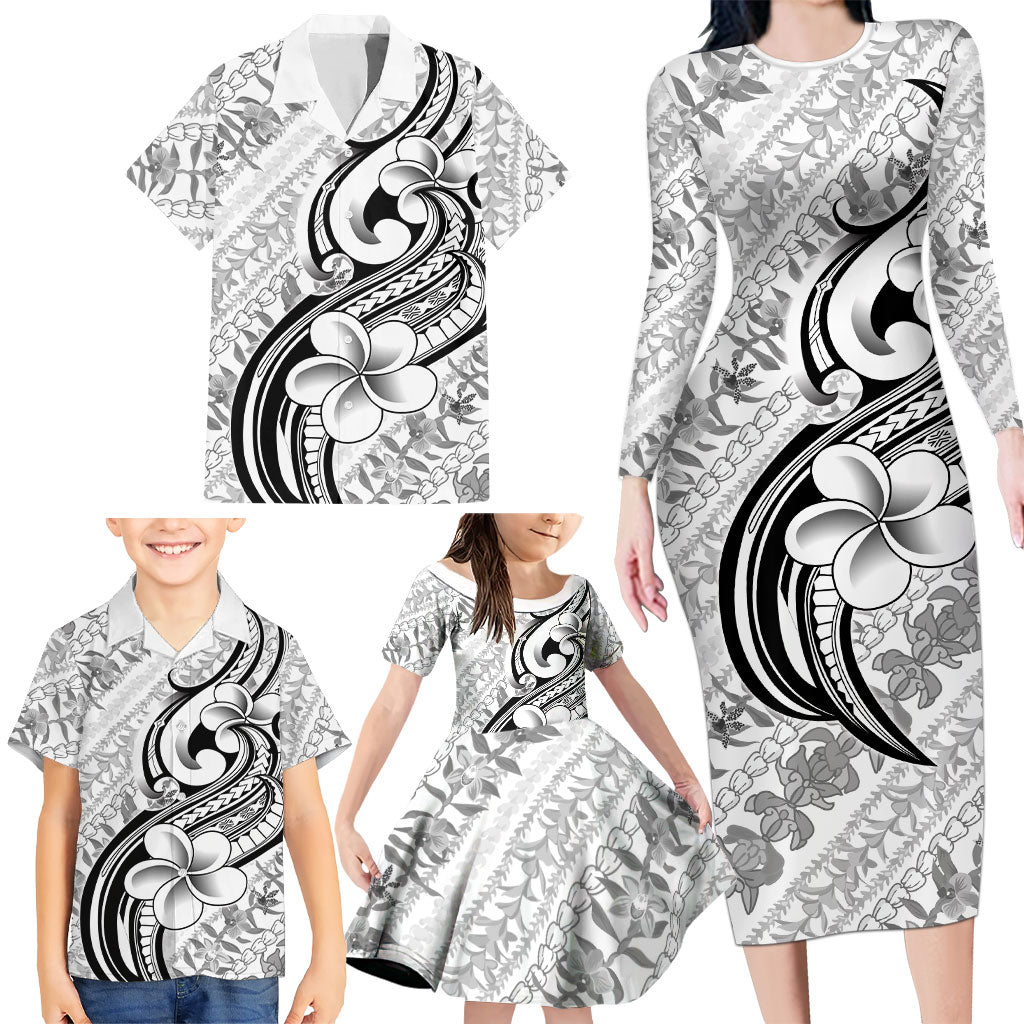 Hawaii Plumeria Lokelani Pikake Lei Family Matching Long Sleeve Bodycon Dress and Hawaiian Shirt Ele'ele Polynesian Tattoo