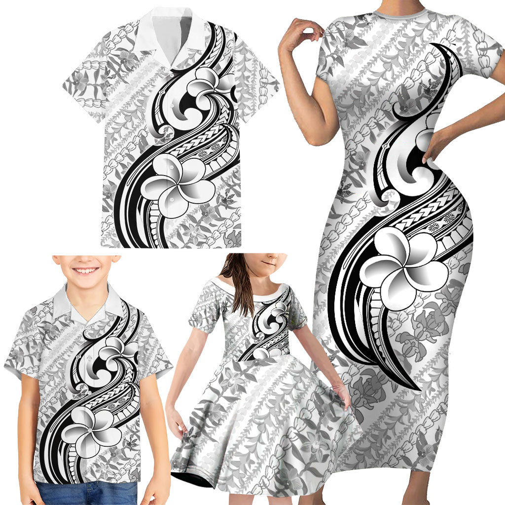 Hawaii Plumeria Lokelani Pikake Lei Family Matching Short Sleeve Bodycon Dress and Hawaiian Shirt Ele'ele Polynesian Tattoo