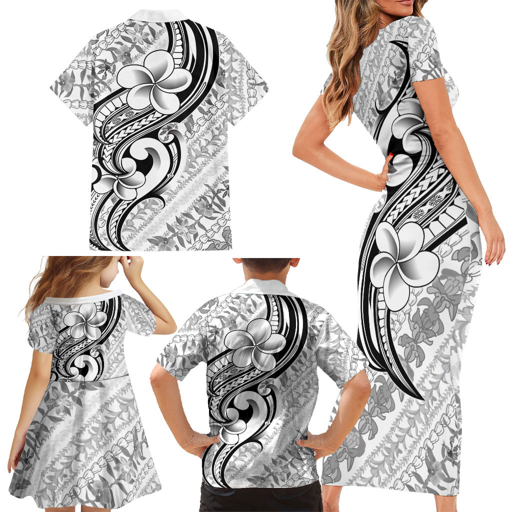 Hawaii Plumeria Lokelani Pikake Lei Family Matching Short Sleeve Bodycon Dress and Hawaiian Shirt Ele'ele Polynesian Tattoo