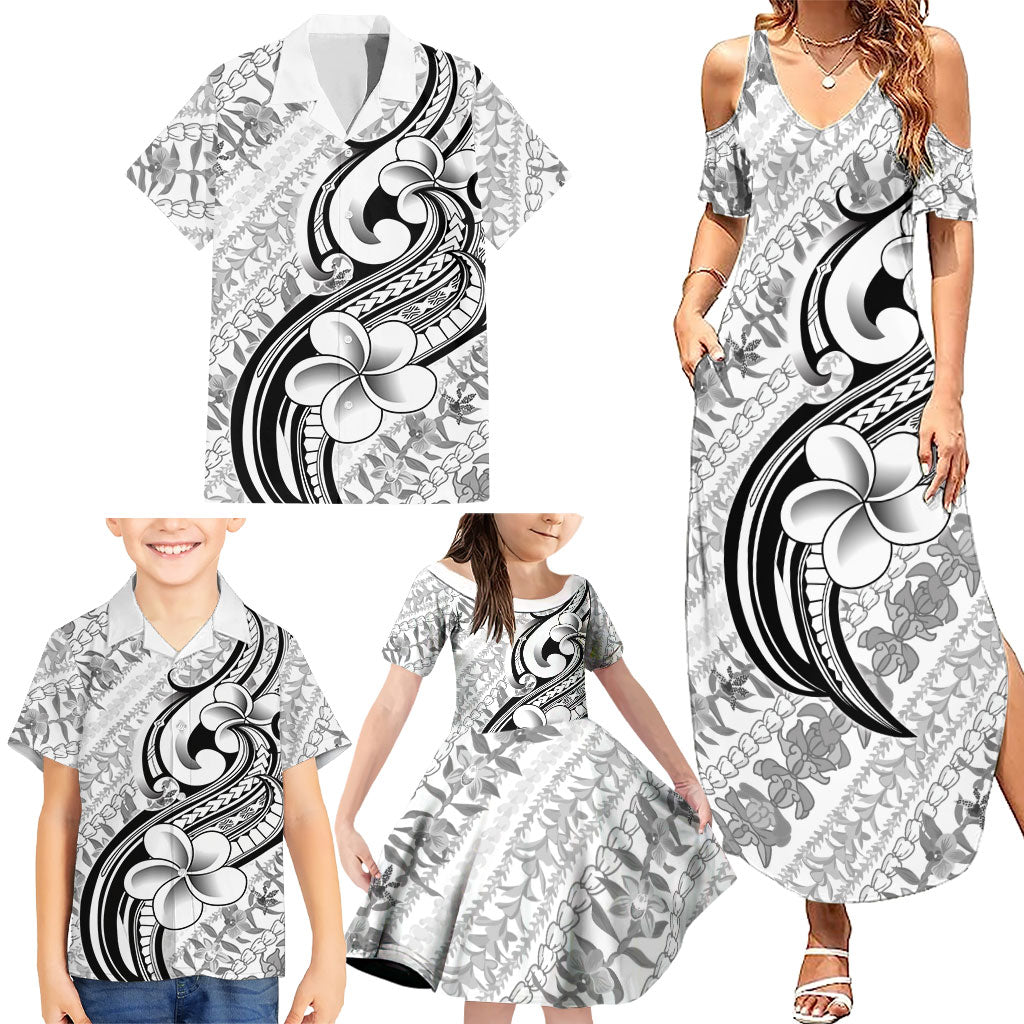 Hawaii Plumeria Lokelani Pikake Lei Family Matching Summer Maxi Dress and Hawaiian Shirt Ele'ele Polynesian Tattoo
