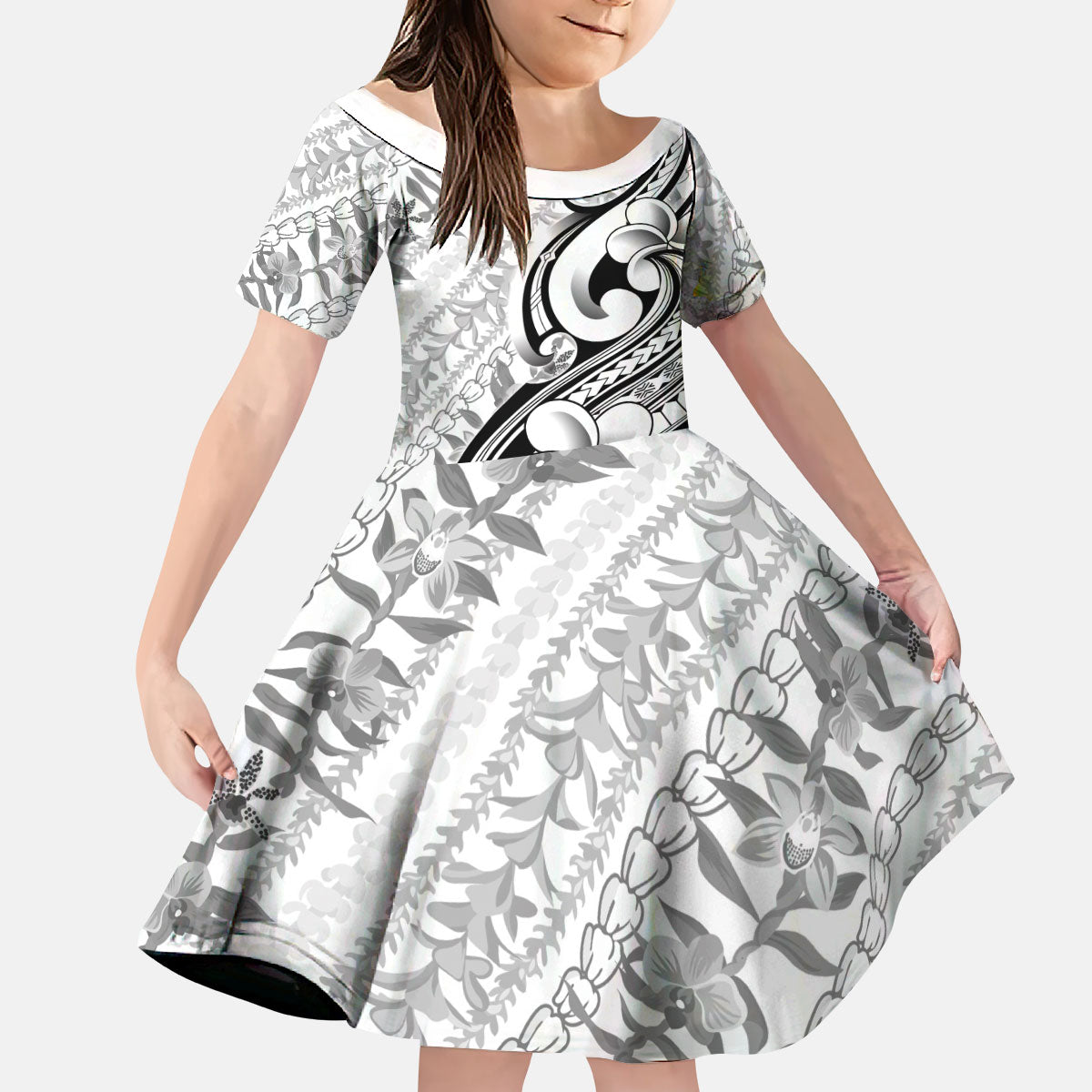 Hawaii Plumeria Lokelani Pikake Lei Kid Short Sleeve Dress Ele'ele Polynesian Tattoo