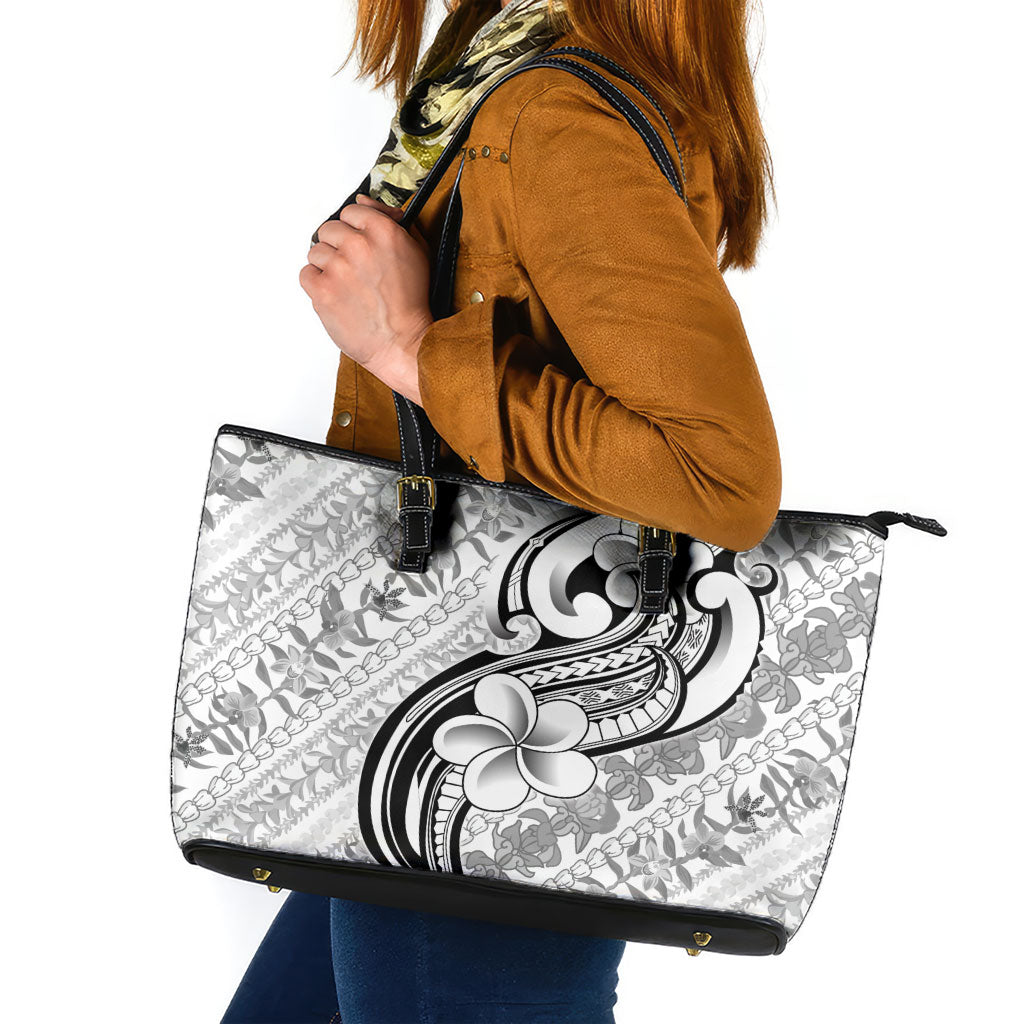 Hawaii Plumeria Lokelani Pikake Lei Leather Tote Bag Ele'ele Polynesian Tattoo LT9 Black - Polynesian Pride