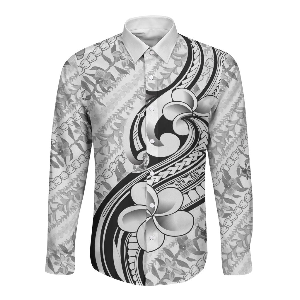 Hawaii Plumeria Lokelani Pikake Lei Long Sleeve Button Shirt Ele'ele Polynesian Tattoo LT9 Unisex Black - Polynesian Pride