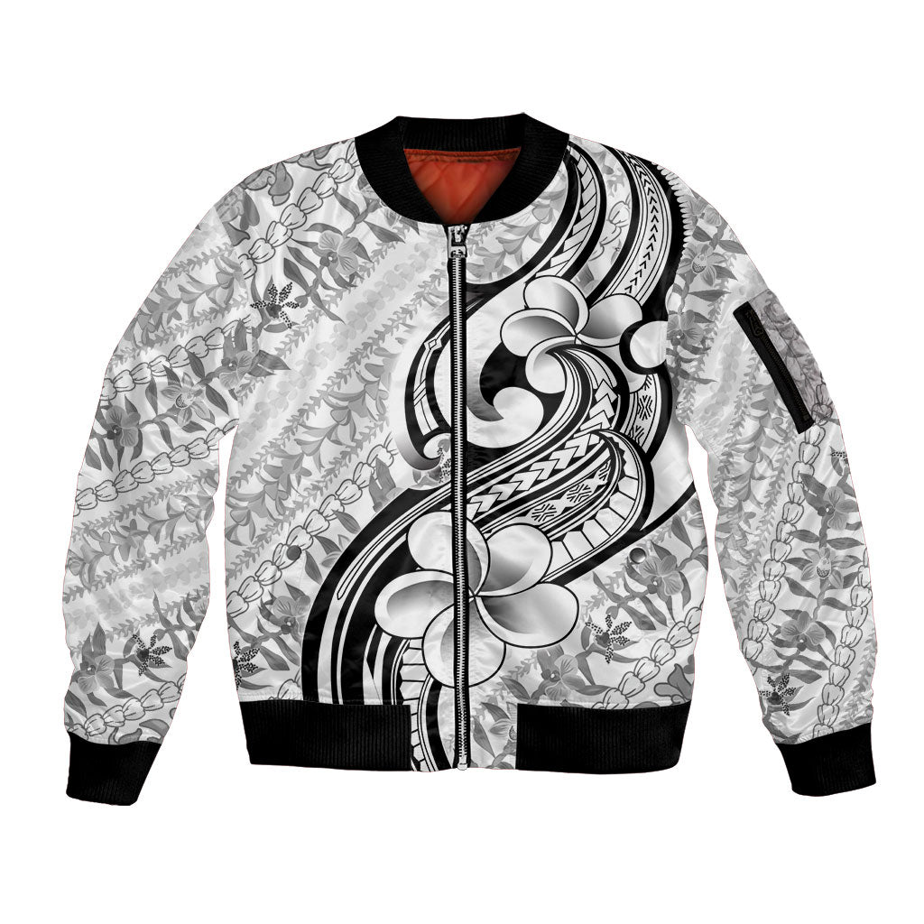 Hawaii Plumeria Lokelani Pikake Lei Sleeve Zip Bomber Jacket Ele'ele Polynesian Tattoo