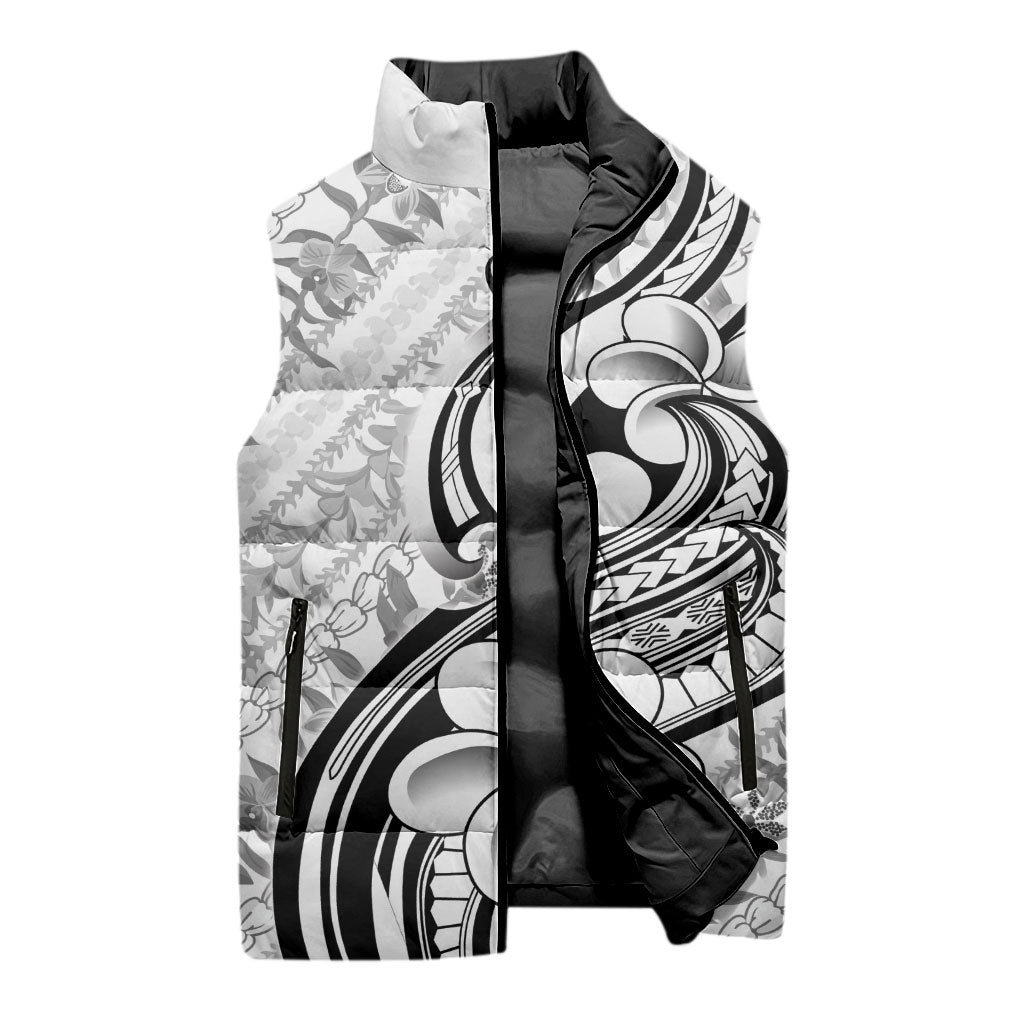 Hawaii Plumeria Lokelani Pikake Lei Sleeveless Puffer Jacket Ele'ele Polynesian Tattoo