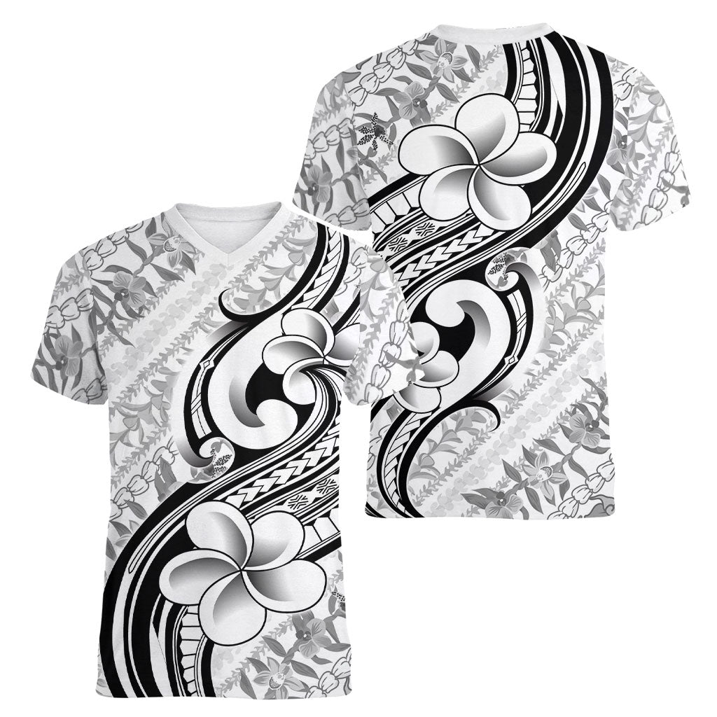 Hawaii Plumeria Lokelani Pikake Lei Women V-Neck T-Shirt Ele'ele Polynesian Tattoo