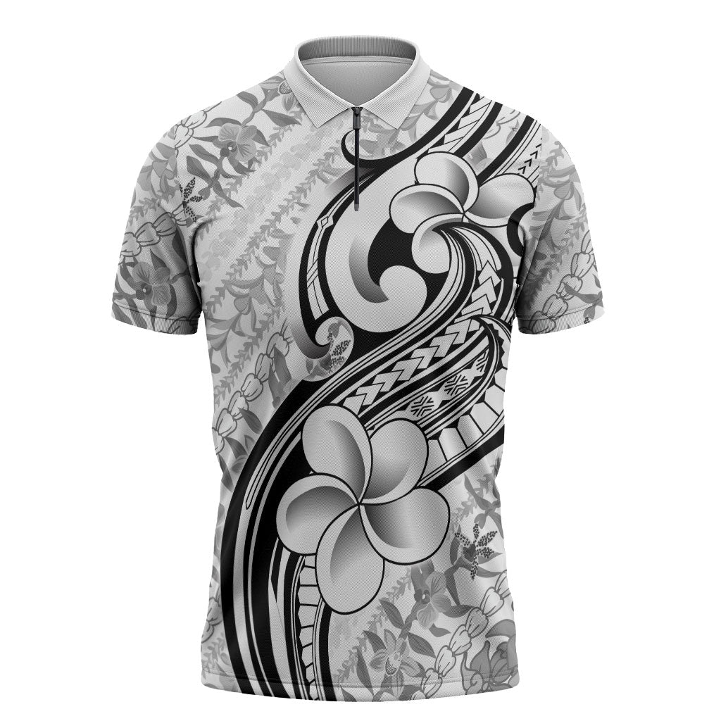 Hawaii Plumeria Lokelani Pikake Lei Zipper Polo Shirt Ele'ele Polynesian Tattoo