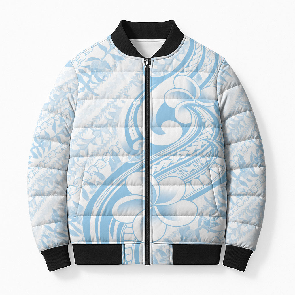 Hawaii Plumeria Lokelani Pikake Lei Bomber Puffer Jacket Uliuli Polynesian Tattoo