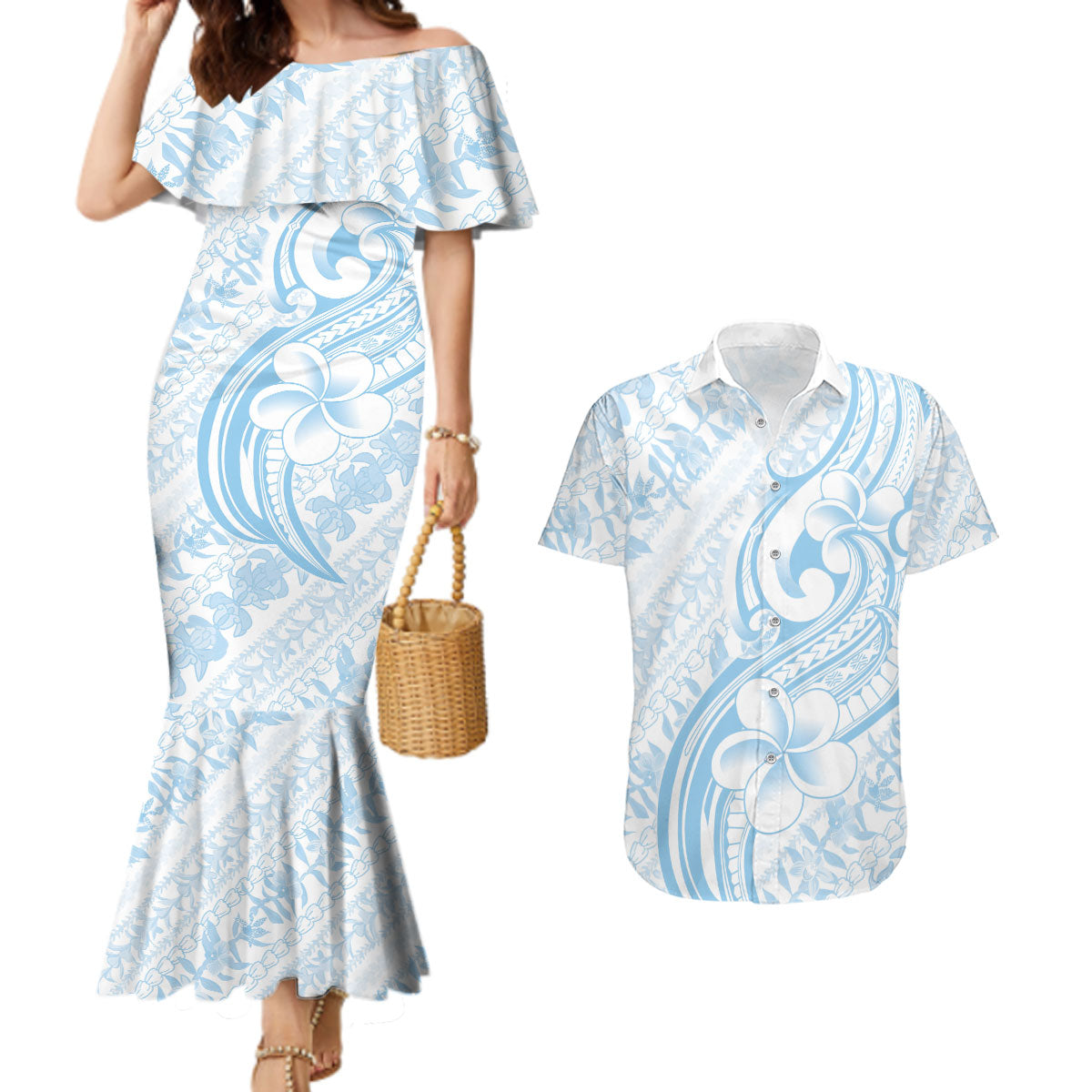 Hawaii Plumeria Lokelani Pikake Lei Couples Matching Mermaid Dress and Hawaiian Shirt Uliuli Polynesian Tattoo