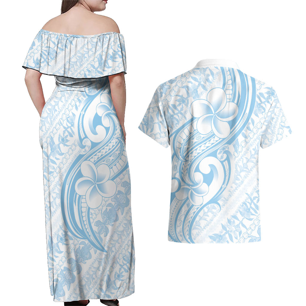 Hawaii Plumeria Lokelani Pikake Lei Couples Matching Off Shoulder Maxi Dress and Hawaiian Shirt Uliuli Polynesian Tattoo