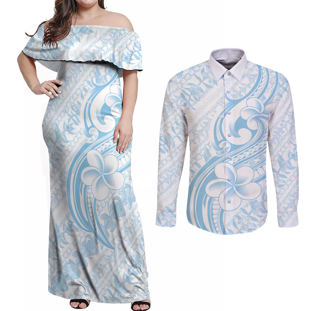 Hawaii Plumeria Lokelani Pikake Lei Couples Matching Off Shoulder Maxi Dress and Long Sleeve Button Shirt Uliuli Polynesian Tattoo