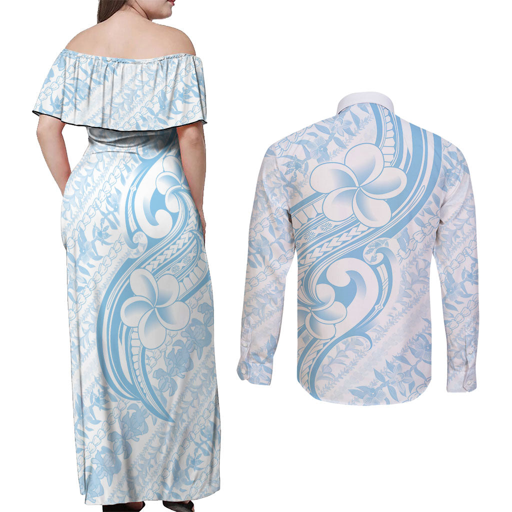Hawaii Plumeria Lokelani Pikake Lei Couples Matching Off Shoulder Maxi Dress and Long Sleeve Button Shirt Uliuli Polynesian Tattoo