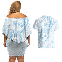 Hawaii Plumeria Lokelani Pikake Lei Couples Matching Off Shoulder Short Dress and Hawaiian Shirt Uliuli Polynesian Tattoo