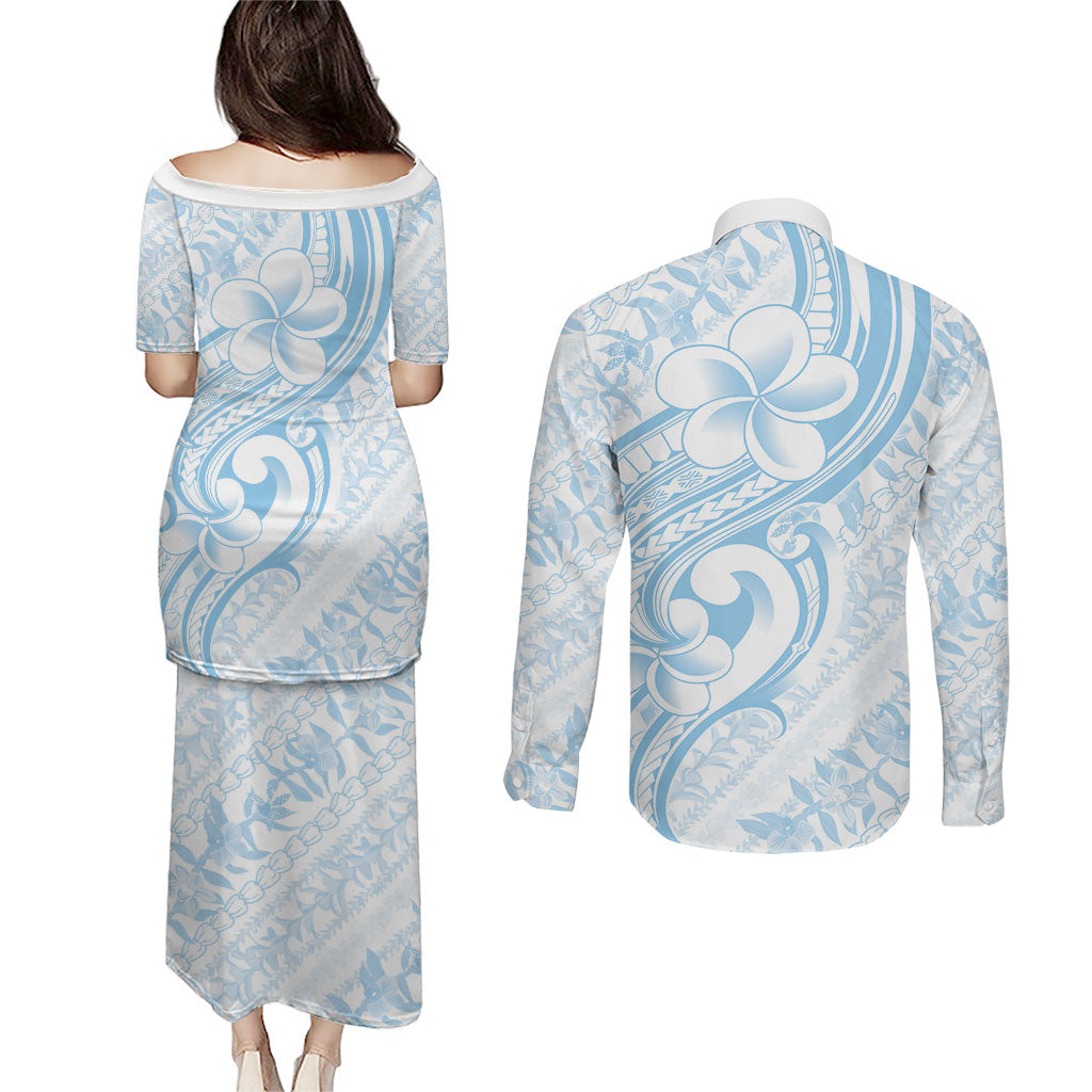 Hawaii Plumeria Lokelani Pikake Lei Couples Matching Puletasi and Long Sleeve Button Shirt Uliuli Polynesian Tattoo